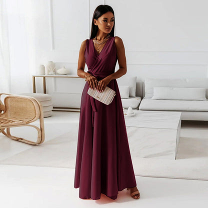 Women's Evening Gown - Sleeveless V-Neck - Wrap-Style Floor-Length Elegant Dress