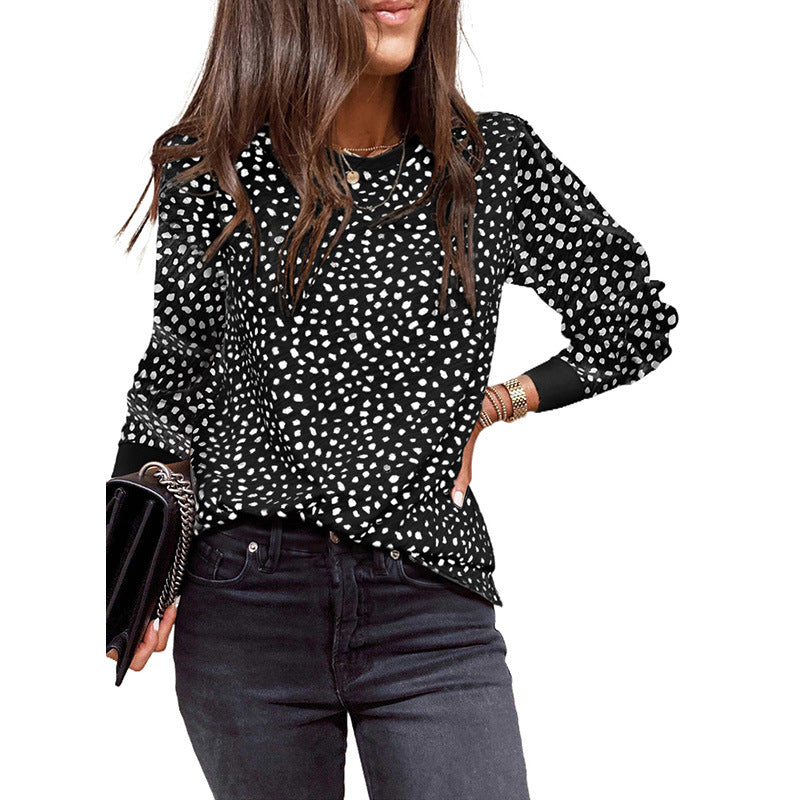 Women’s Long Sleeve Top – Loose Fit – Cotton Blend – Printed Pattern – Casual Wear