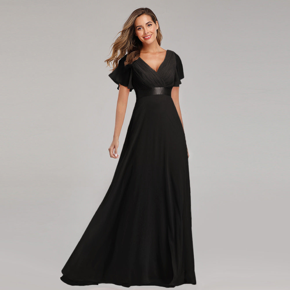 Crepe Fabric Flutter Sleeve Evening Dress