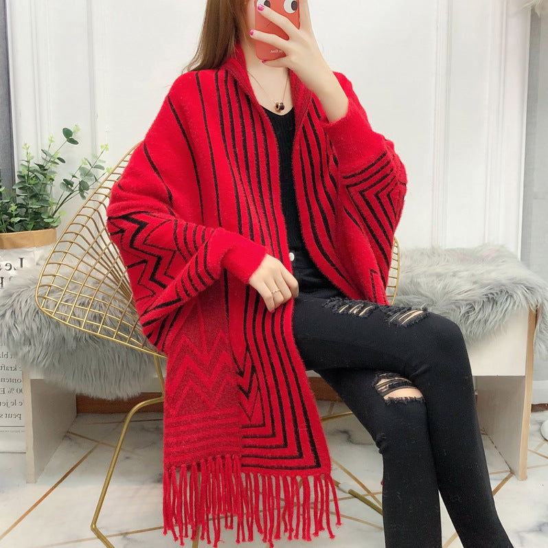 Women's mid-length faux mink fringe batwing knitted cardigan