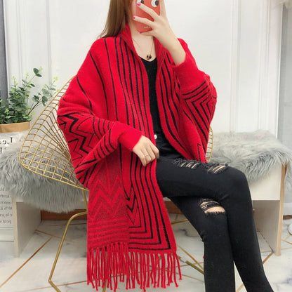 Women's mid-length faux mink fringe batwing knitted cardigan