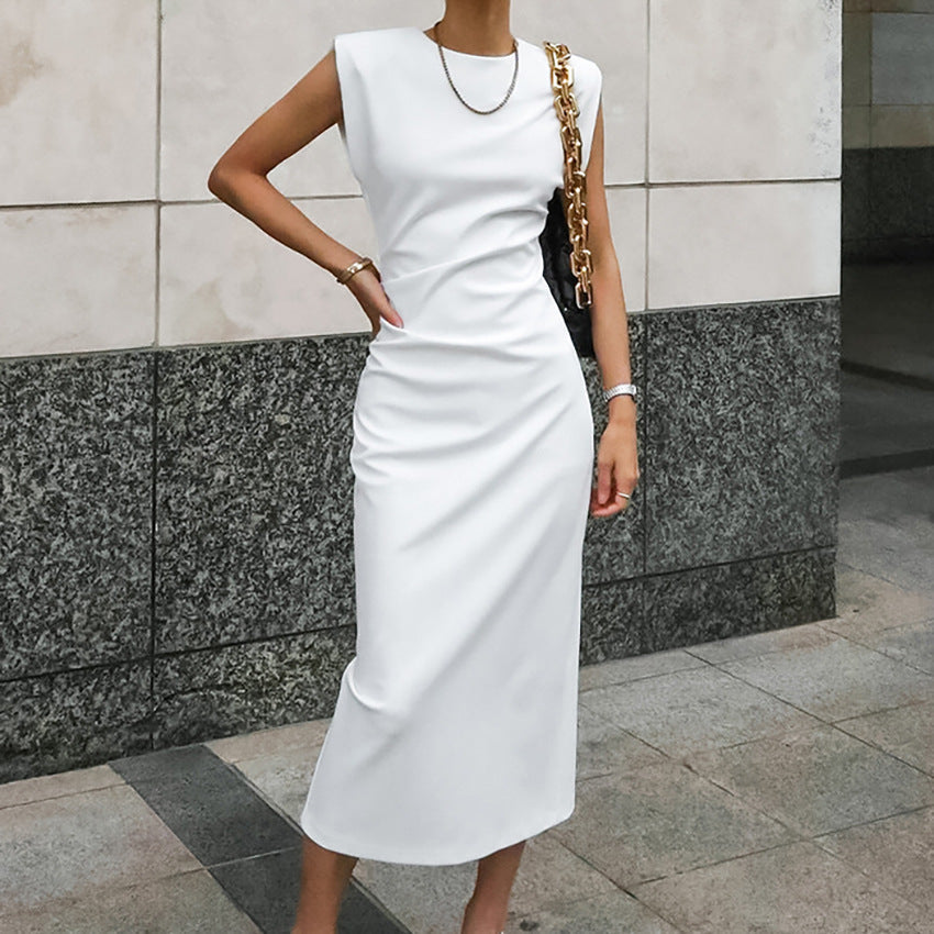Women’s Midi Dress – Satin – Form-Fitting – High Neck – Sleeveless with Side Slit