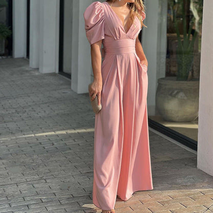 Women’s Jumpsuit – Wide Leg – Puff Sleeve – V-Neck – Cinched Waist – Formal Fit