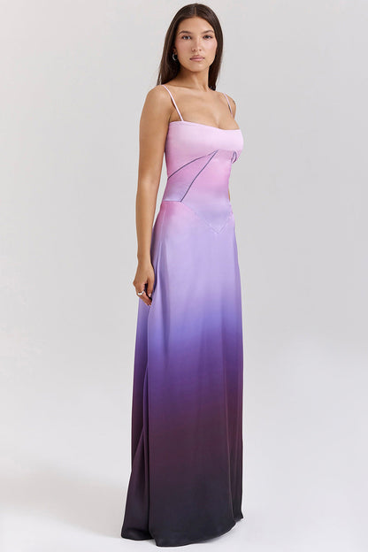 Women’s Evening Gown – Satin A-Line – Spaghetti Straps – Cut-Out Waist – Full Length