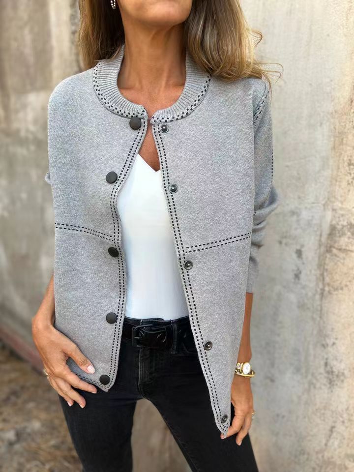 Women’s Cardigan – Loose Fit Knit – Button Front – Round Neck – Ribbed Trim Layer