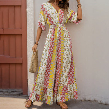 Women’s Jumpsuit – Bohemian Print – Elastic Waist – Wide Leg – V-Neck Relaxed Fit