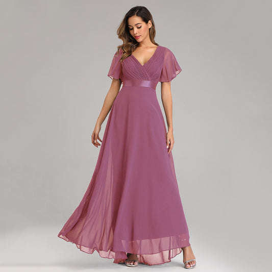Crepe Fabric Flutter Sleeve Evening Dress