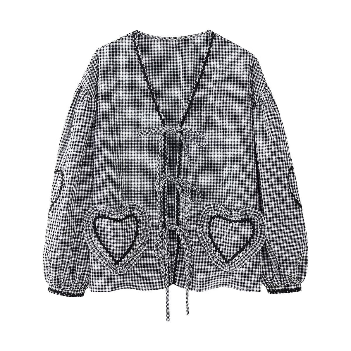 Gingham Checkered Puff Sleeve Embroidered Blouse