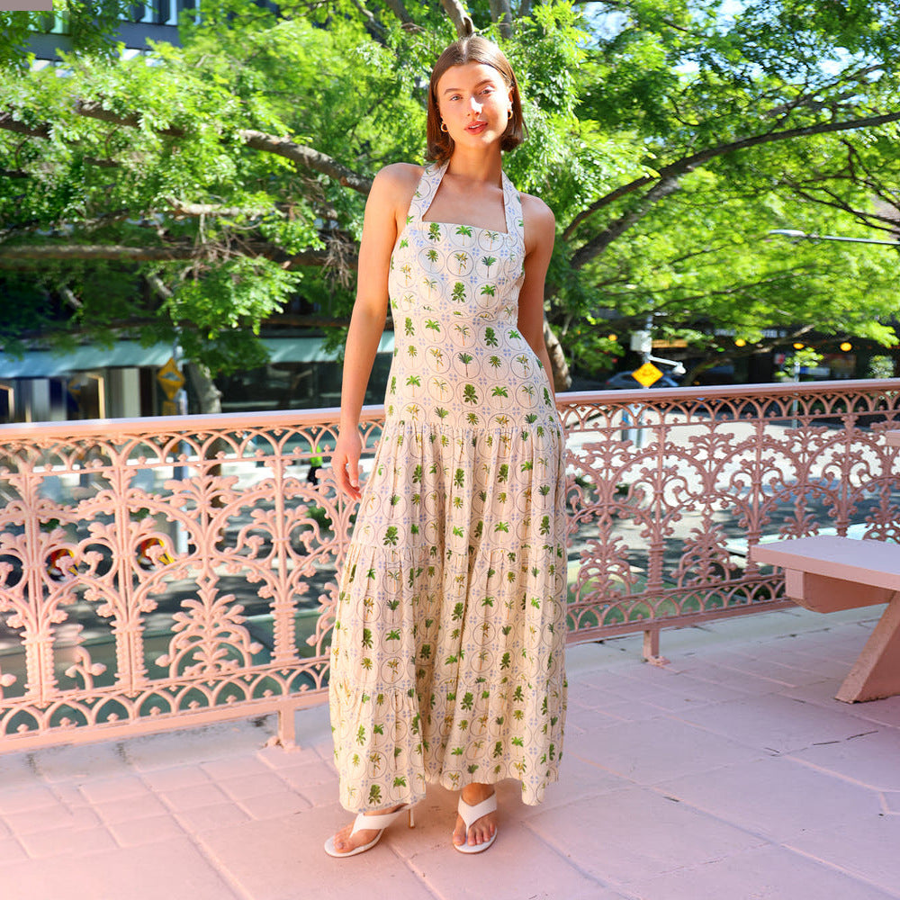 Women’s Halter Maxi Dress – Smocked Bodice – A-Line Fit – Tiered Skirt – Cotton