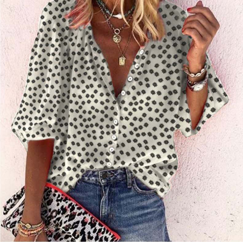 Women's Blouse - Polka Dot Pattern - V-Neck - 3/4 Sleeve - Loose Fit Button-Up
