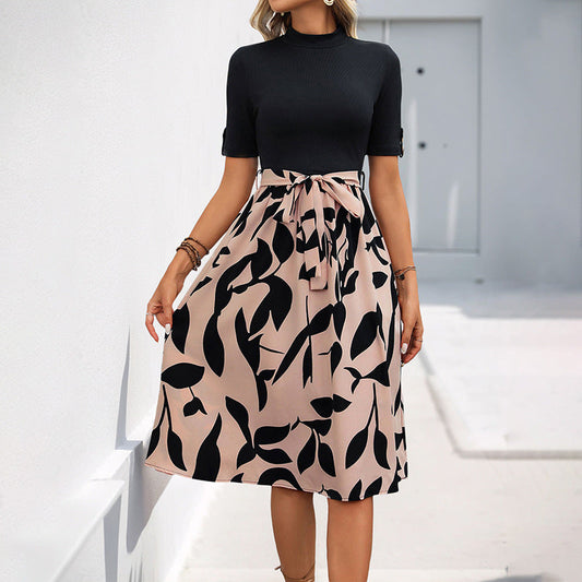 Ribbed Knit A-Line Print Midi Dress