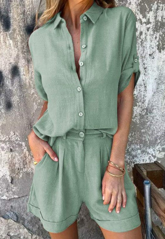 Women’s Jumpsuit – Relaxed Fit – Button-Up Top – Drawstring Waist – Soft Linen Blend