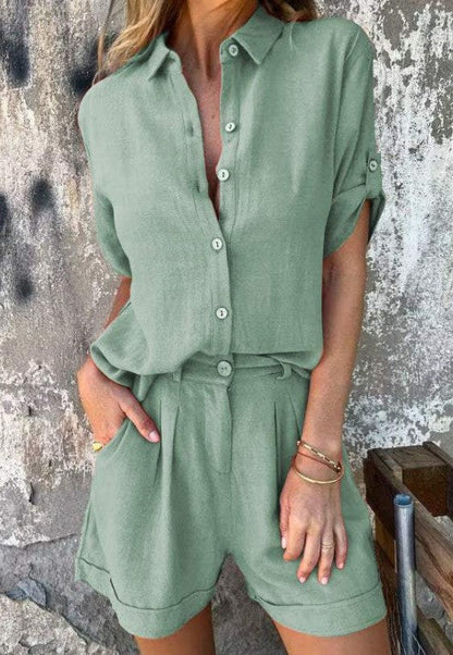 Women’s Jumpsuit – Relaxed Fit – Button-Up Top – Drawstring Waist – Soft Linen Blend