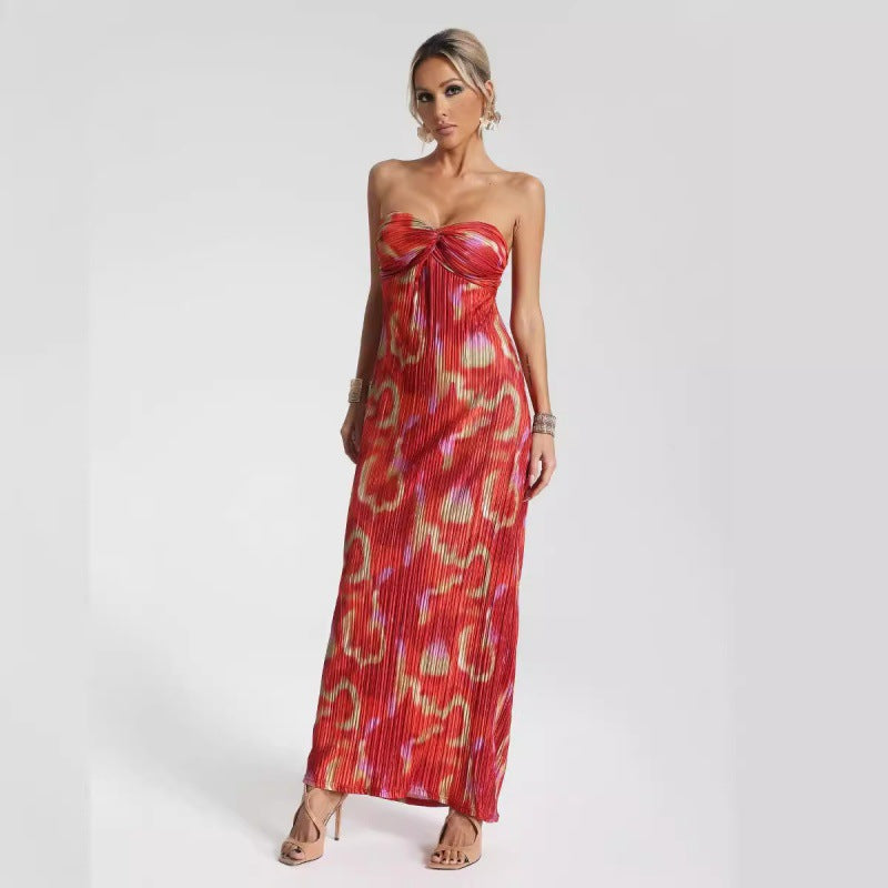 Women’s Strapless Maxi Dress – Slim Fit – Pleated Fabric – Abstract Print – Elegant Style