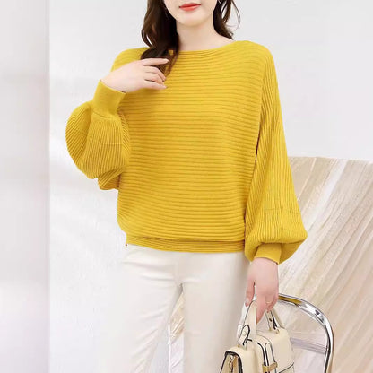 Women’s Knit Sweater - Ribbed Pullover Top - Casual Balloon Sleeve