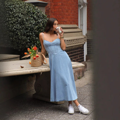 Women’s Midi Dress – Slim Fit – Sweetheart Neckline – Spaghetti Straps – Denim Look