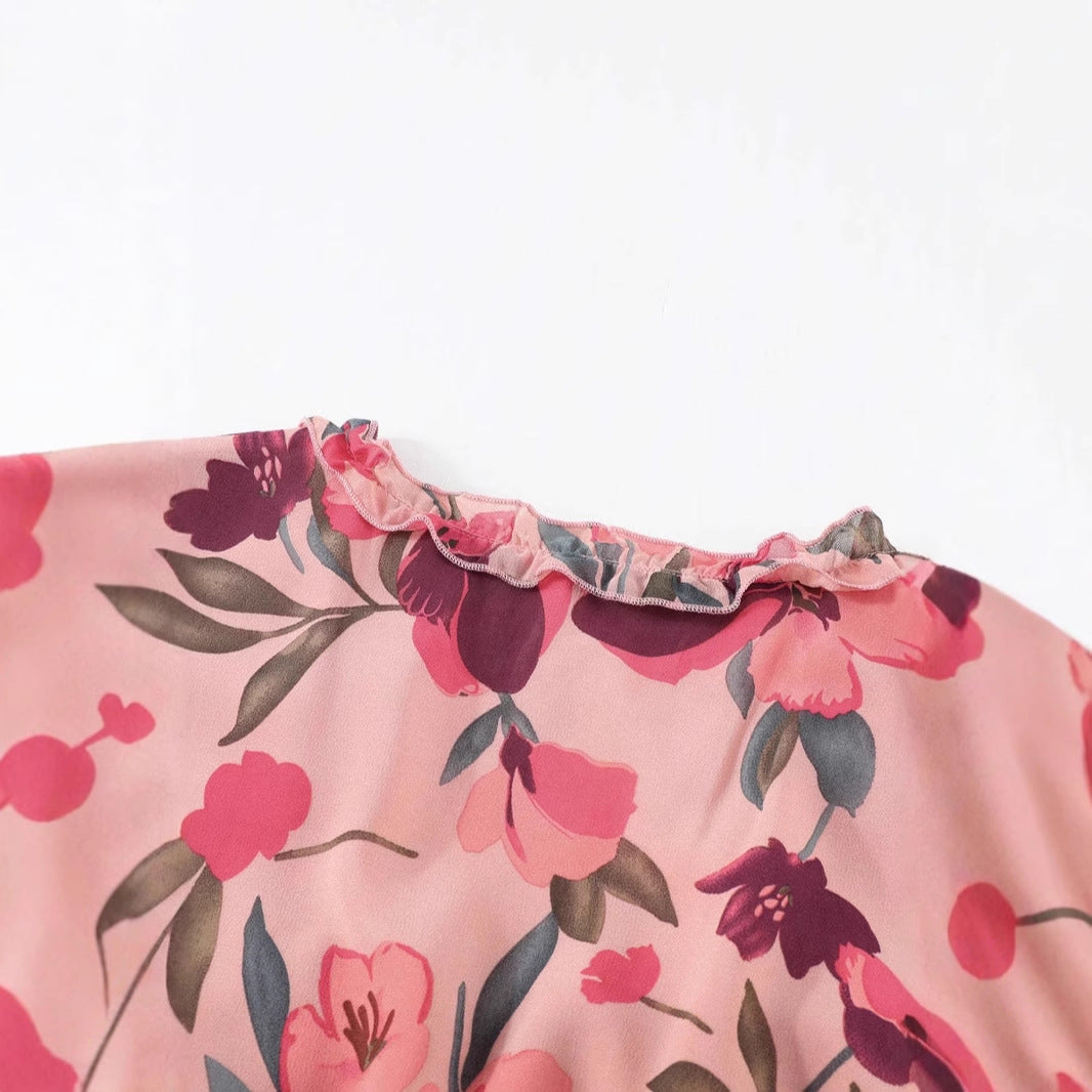 Women’s Maxi Dress – Chiffon – V-Neck – Long Sleeve – Floral Print – Ruffle Detail
