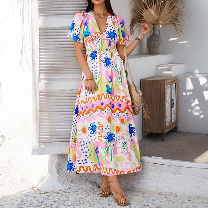 Women’s Maxi Dress – Lightweight Cotton – V-Neck – High Waist – Puff Short Sleeve
