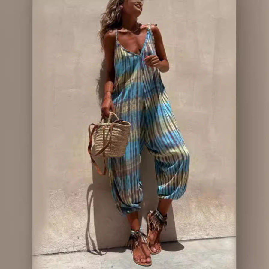 Printed Cotton Tie Waist Jumpsuit