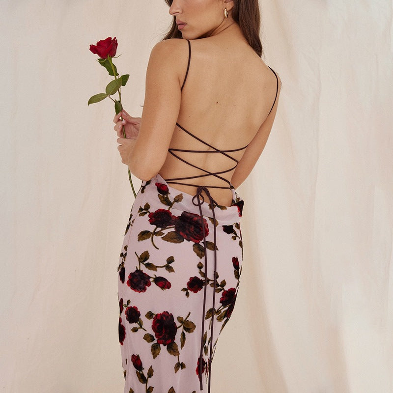 Women’s Slip Dress – Satin Feel – Slim Fit – Spaghetti Straps – Open Back – Floral Print