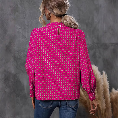 Women's Blouse - High Neck Pleated - Long Sleeve Lightweight Printed Elegant Wear