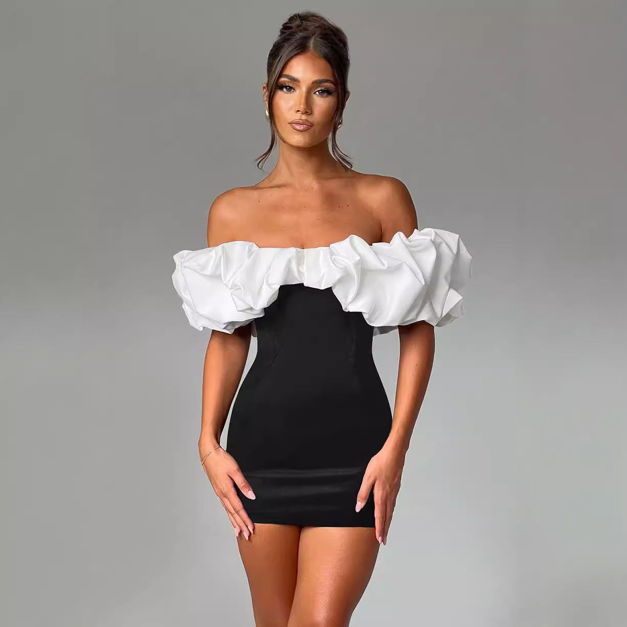 Women’s Mini Dress – Off Shoulder – Ruffled Neckline – Slim Fit Bodycon Party Wear