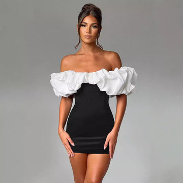 Women’s Mini Dress – Off Shoulder – Ruffled Neckline – Slim Fit Bodycon Party Wear