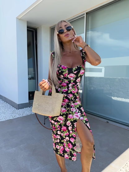 Women’s Midi Dress – Slim Fit – Floral Print – Ruffled Straps – Side Slit – Breathable Blend