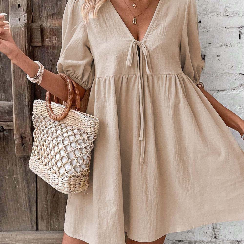 Women’s Mini Dress – A-Line Loose Fit – Deep V-Neck – Tie Front – Puff Sleeves