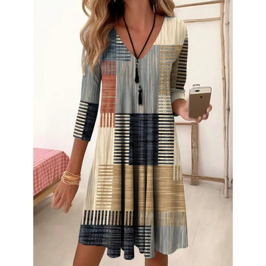 V-Neck Gradient Print Three-quarter Sleeves Retro Style Dress