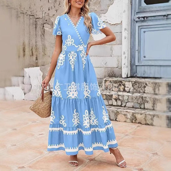 Women’s Maxi Dress – Bohemian Floral Print – Tiered A-Line Fit – V-Neck Short Sleeve