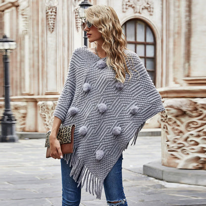 Women’s Shawl Sweater – Relaxed Fit – Knit Wool Blend – Fur Ball & Tassel Accents