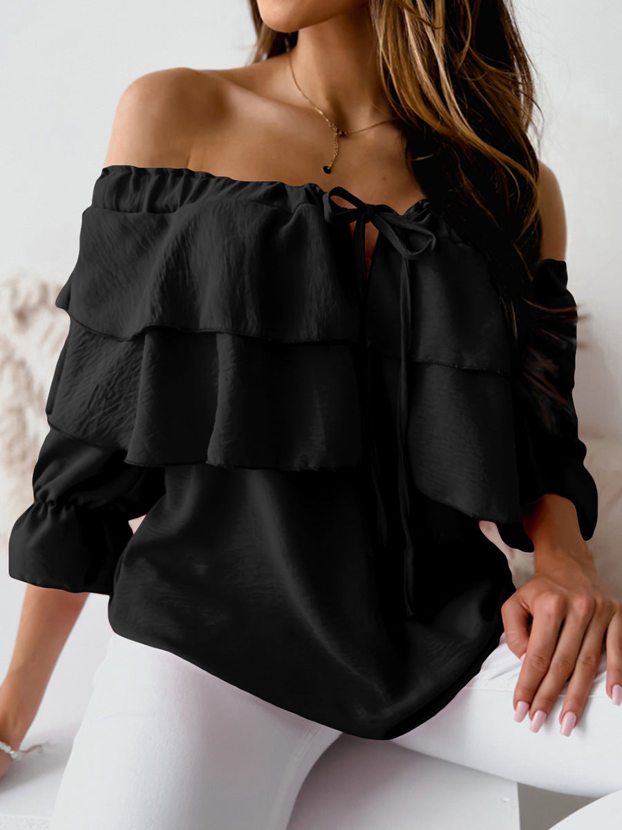 Women's Off-Shoulder Blouse - Ruffled Layered Design - 3/4 Sleeve Tie Neck