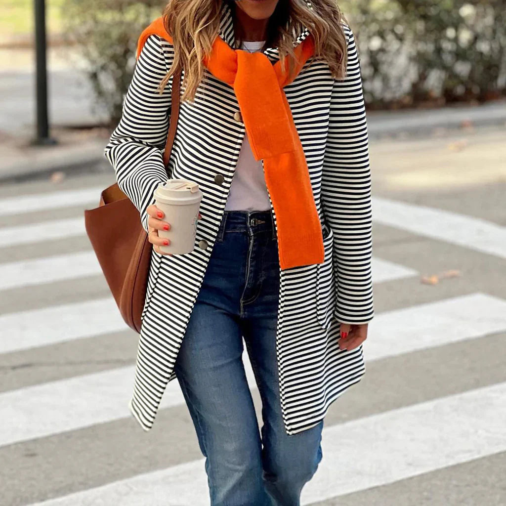Women’s Trench Coat – Relaxed Fit – Double-Breasted – Striped Woven Mid-Thigh Length