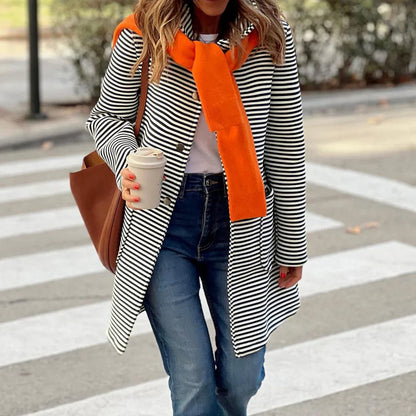 Women’s Trench Coat – Relaxed Fit – Double-Breasted – Striped Woven Mid-Thigh Length