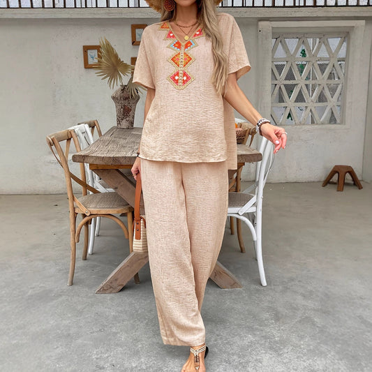 Embroidered V-Neck Relaxed Fit Pantsuit
