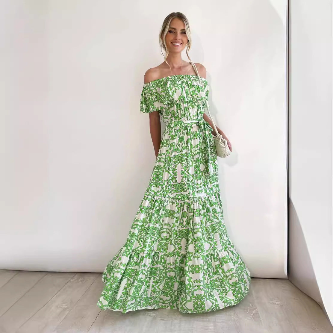 Ruffle Neck Off-Shoulder Waist-Tie Maxi Dress