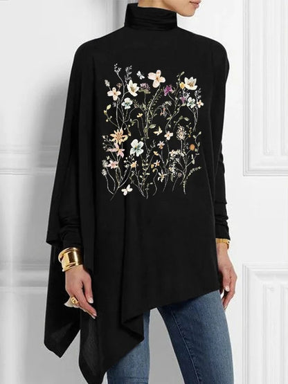 Women's Batwing Sleeve Top - High Neck - Asymmetrical Hem - Artistic Face Print