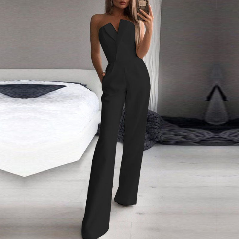 Women’s Jumpsuit – Strapless Asymmetrical Neckline – Tailored Fit – Wide Leg Formal