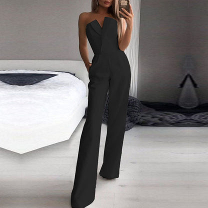 Women’s Jumpsuit – Strapless Asymmetrical Neckline – Tailored Fit – Wide Leg Formal