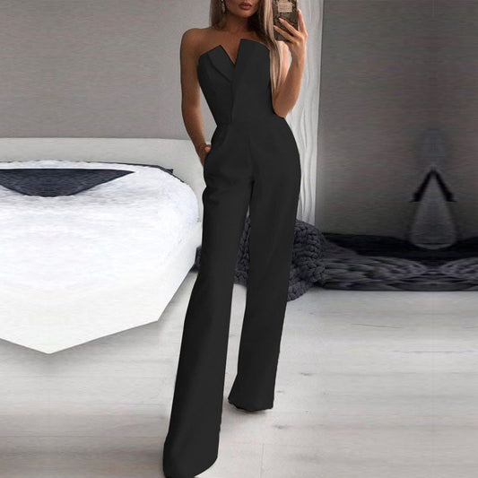 Asymmetrical Neckline Tailored Wide Leg Jumpsuit