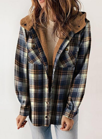 Women’s Jacket – Wool Blend – Relaxed Fit – Plaid – Plush Hood – Button-Up Casual Wear