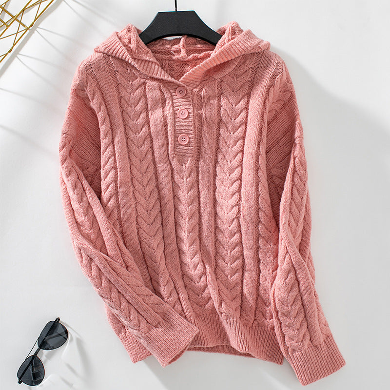 Women's retro buttoned cable knit hoodie sweater