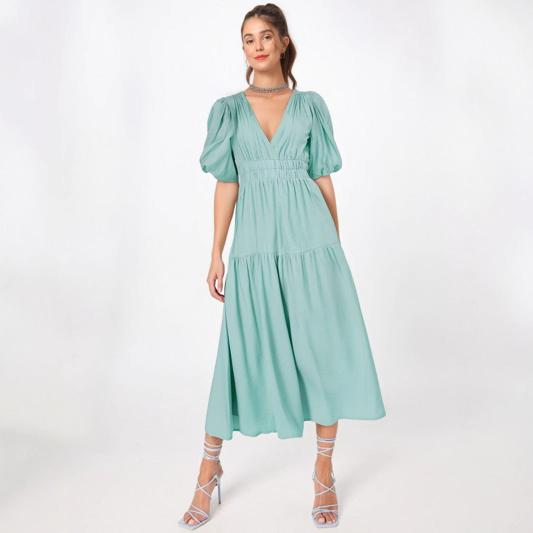 Women’s Midi Dress – Deep V-Neck – Puff Sleeves – Fitted Waist – Tiered Skirt