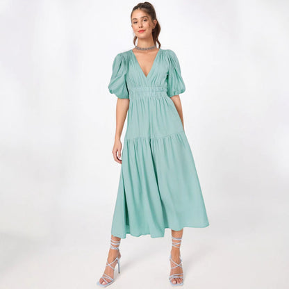 Women’s Midi Dress – Deep V-Neck – Puff Sleeves – Fitted Waist – Tiered Skirt