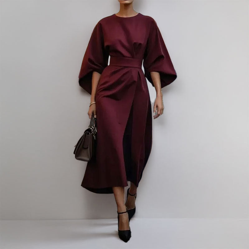 Women’s Long Dress – Satin Feel – Fitted Waist – Batwing Sleeve – Elegant Flow
