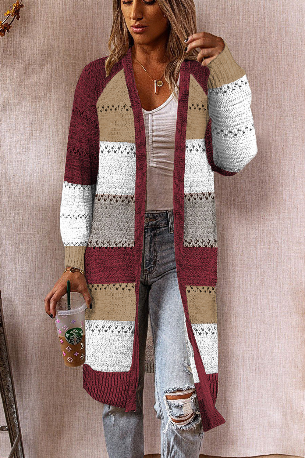 Women’s Knit Cardigan - Long Open Front - Loose Fit - Striped Textured Casual Layer
