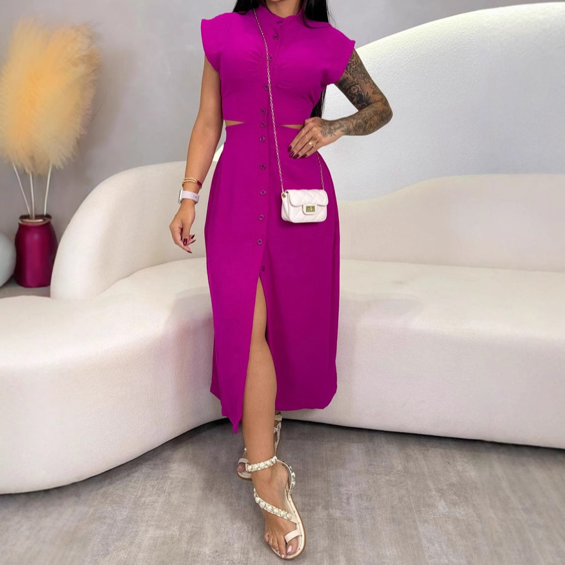 Women’s Midi Dress – Slim Fit – Cut-Out Waist – Button Front – Stand Collar