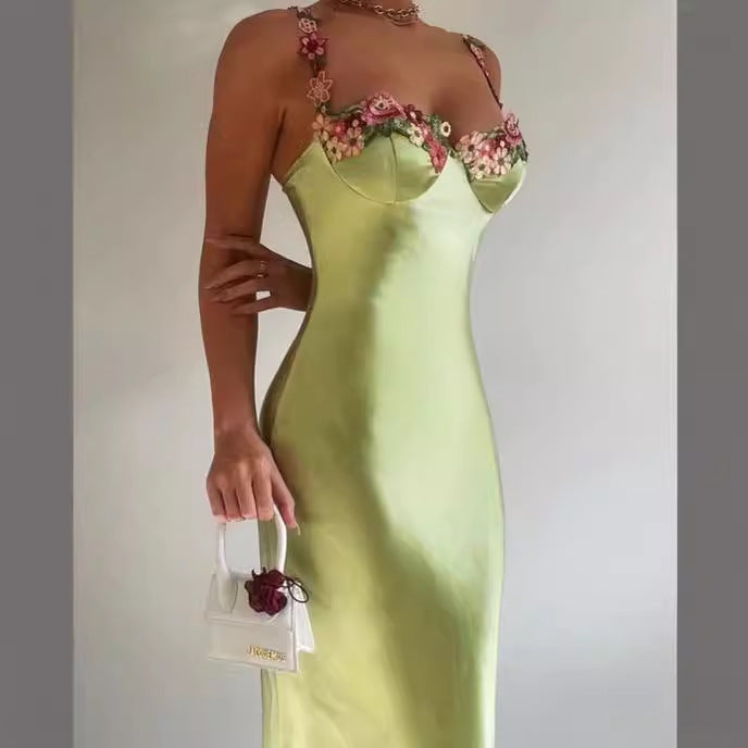 Satin Trim Lace Slim Fit Long Dress