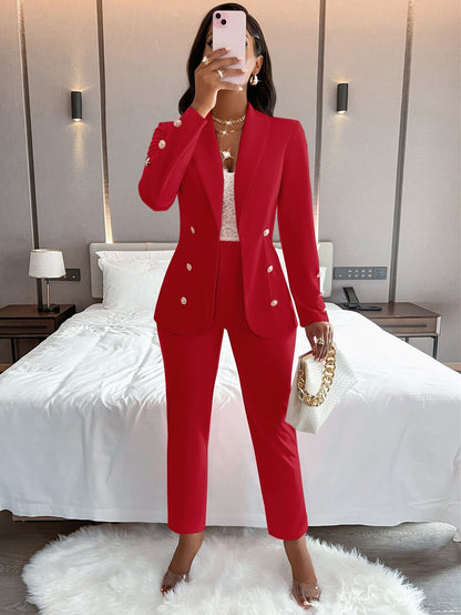 Women's double-breasted casual suit set with long sleeves